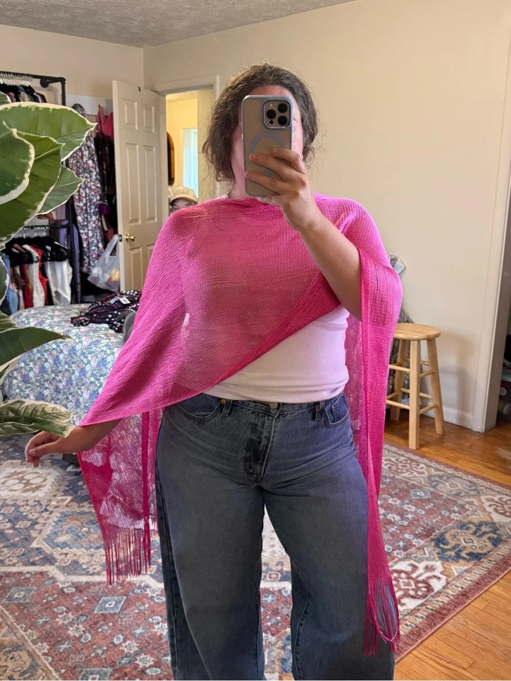 Kimberly C Y2K hot pink metallic fringe scarf